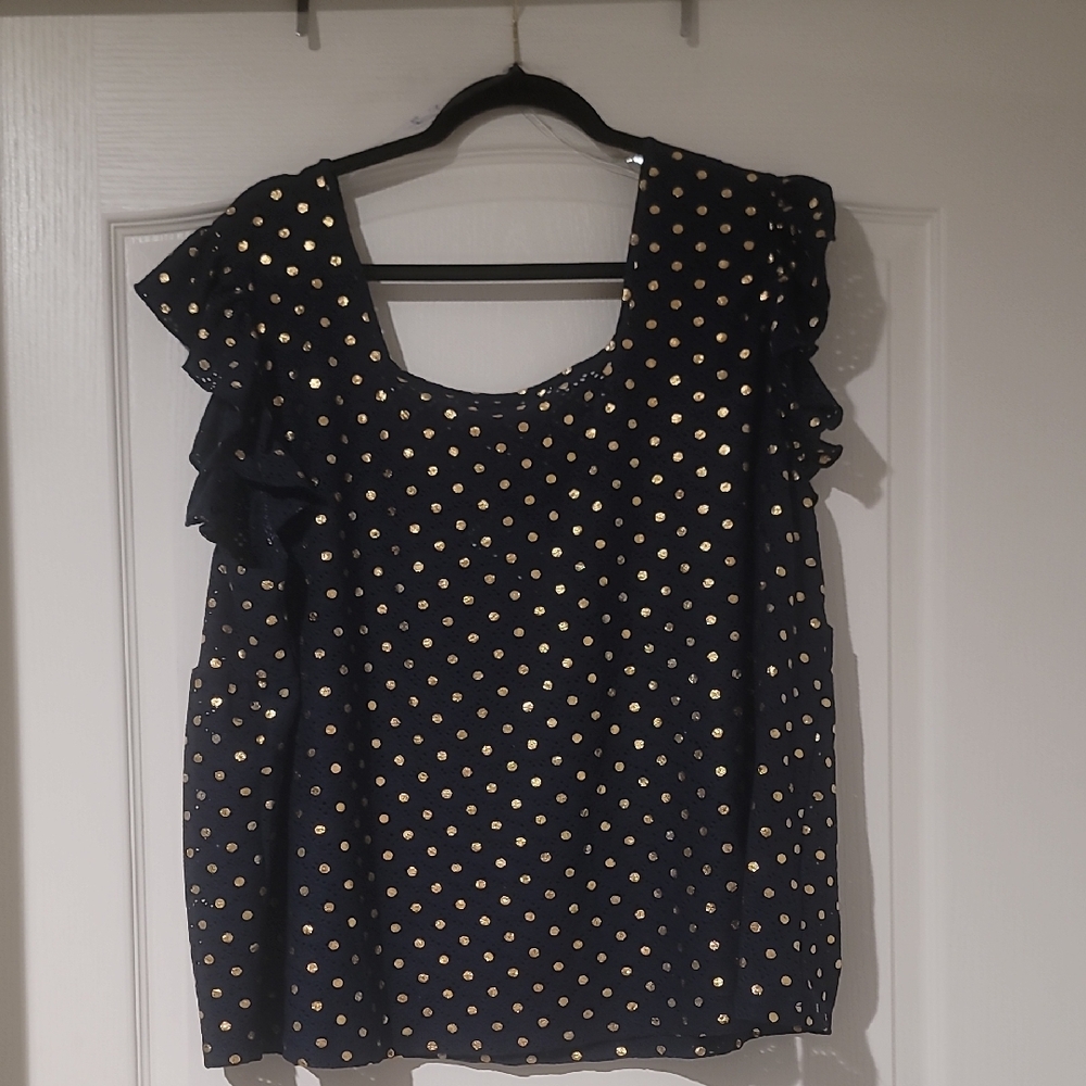 Zac & Rachel Womans  Knit Top Ruffle Sleeve Navy With Gold Foil DotsPlus Size 2x